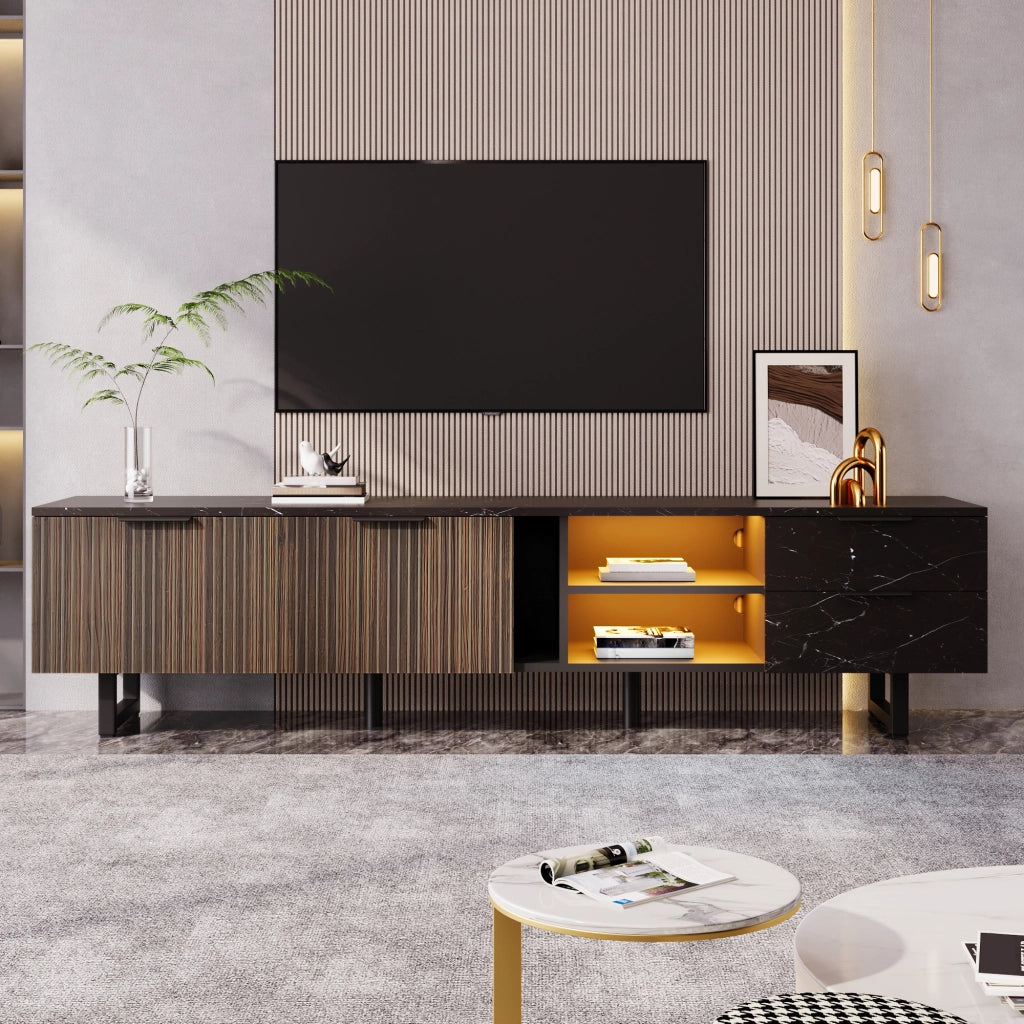 Mobile TV 200x38x50 cm; 2 ante e 2 cassetti con LED multicolore; MDF nero e legno