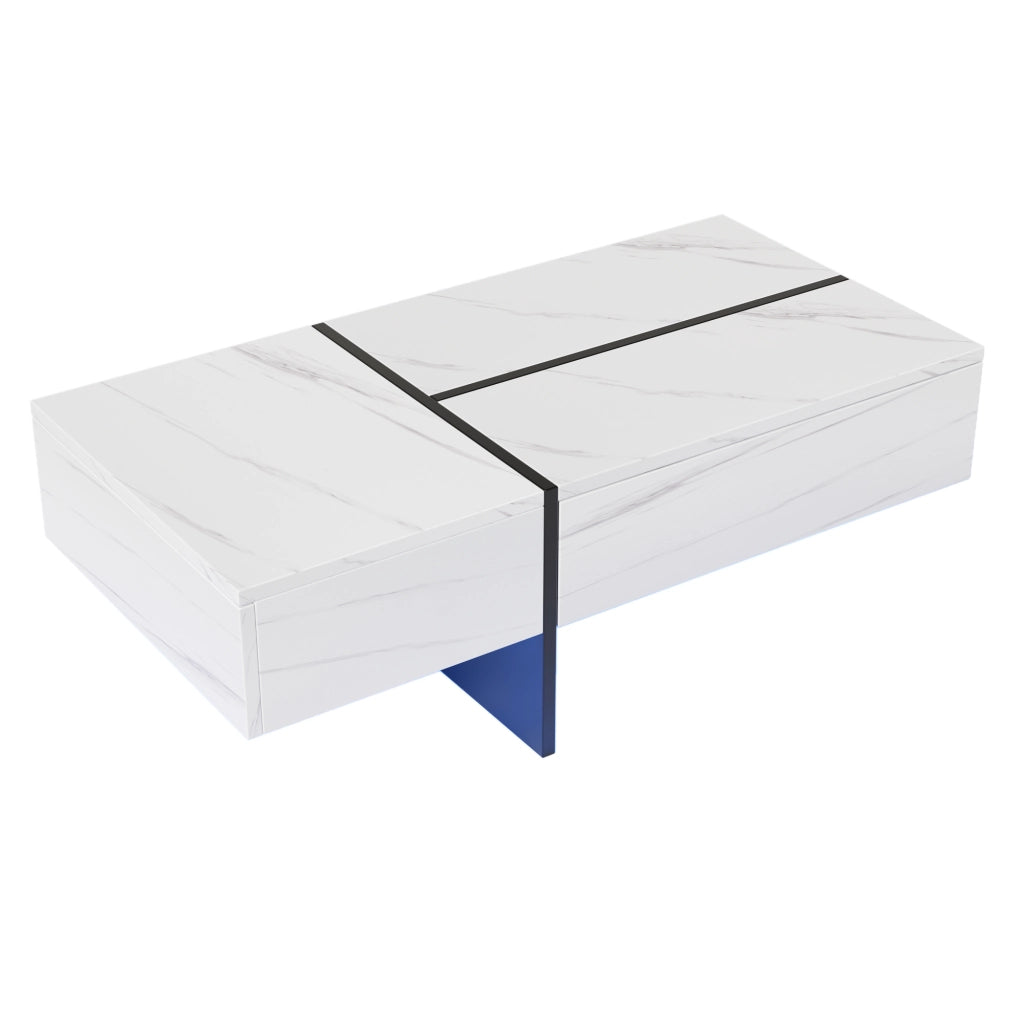 Tavolino da salotto 100x50x34.5 cm; effetto marmo lucido con LED controllato da app; pannello truciolare bianco