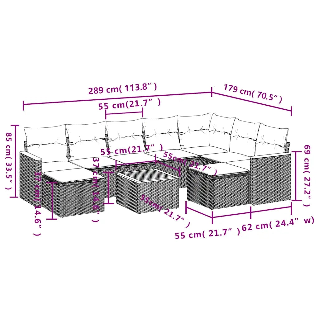 Set Divani da Giardino 10 pz con Cuscini Nero in Polyrattan 3226547