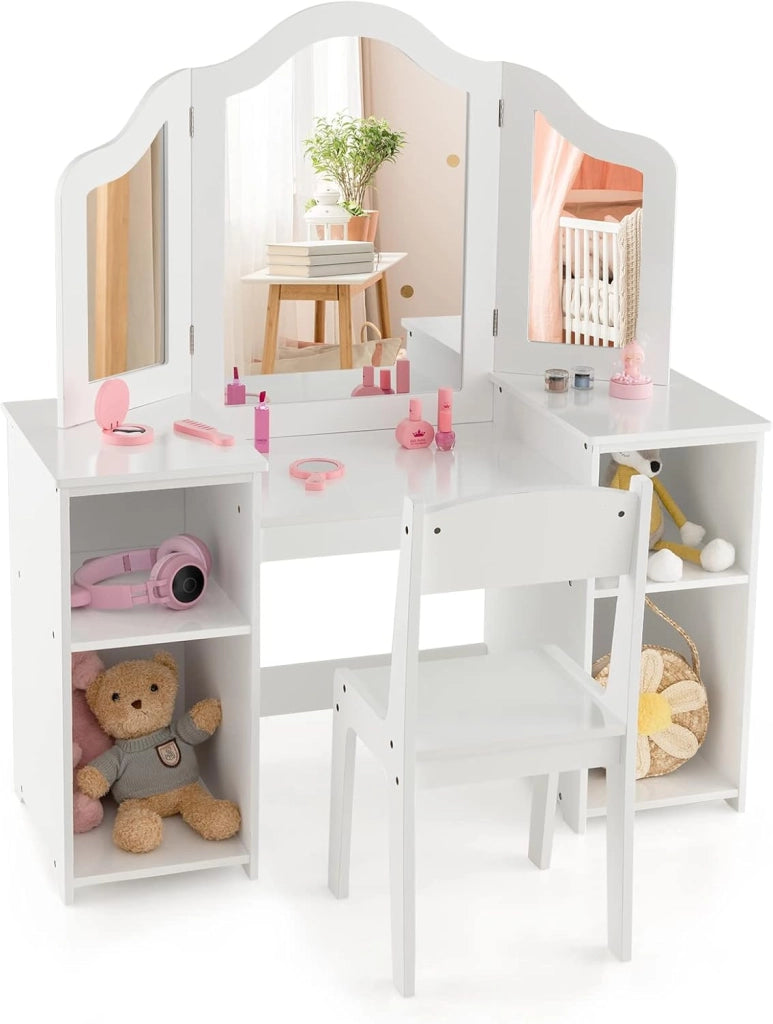 Set Toeletta per Bambini 2 in 1, Set Postazione Trucco in Legno con Sedia, Specchio a 3 Ante Rimovibile e 4 Scomparti, per Bambini 3+ Anni (Rosa)