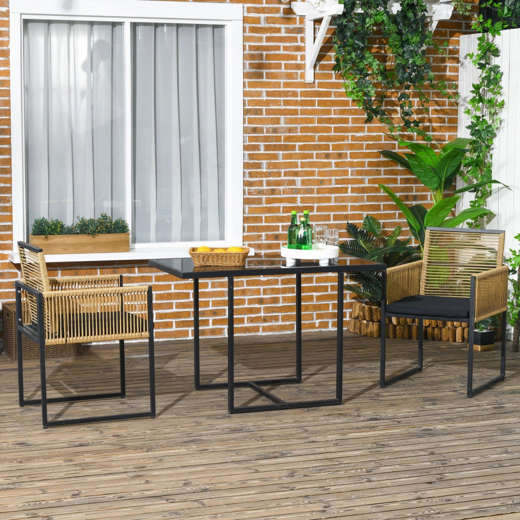 Tavolo da pranzo con vetro e 2 sedie in rattan ¨C zephmum ¨C nero e naturale 90x90x75 cm