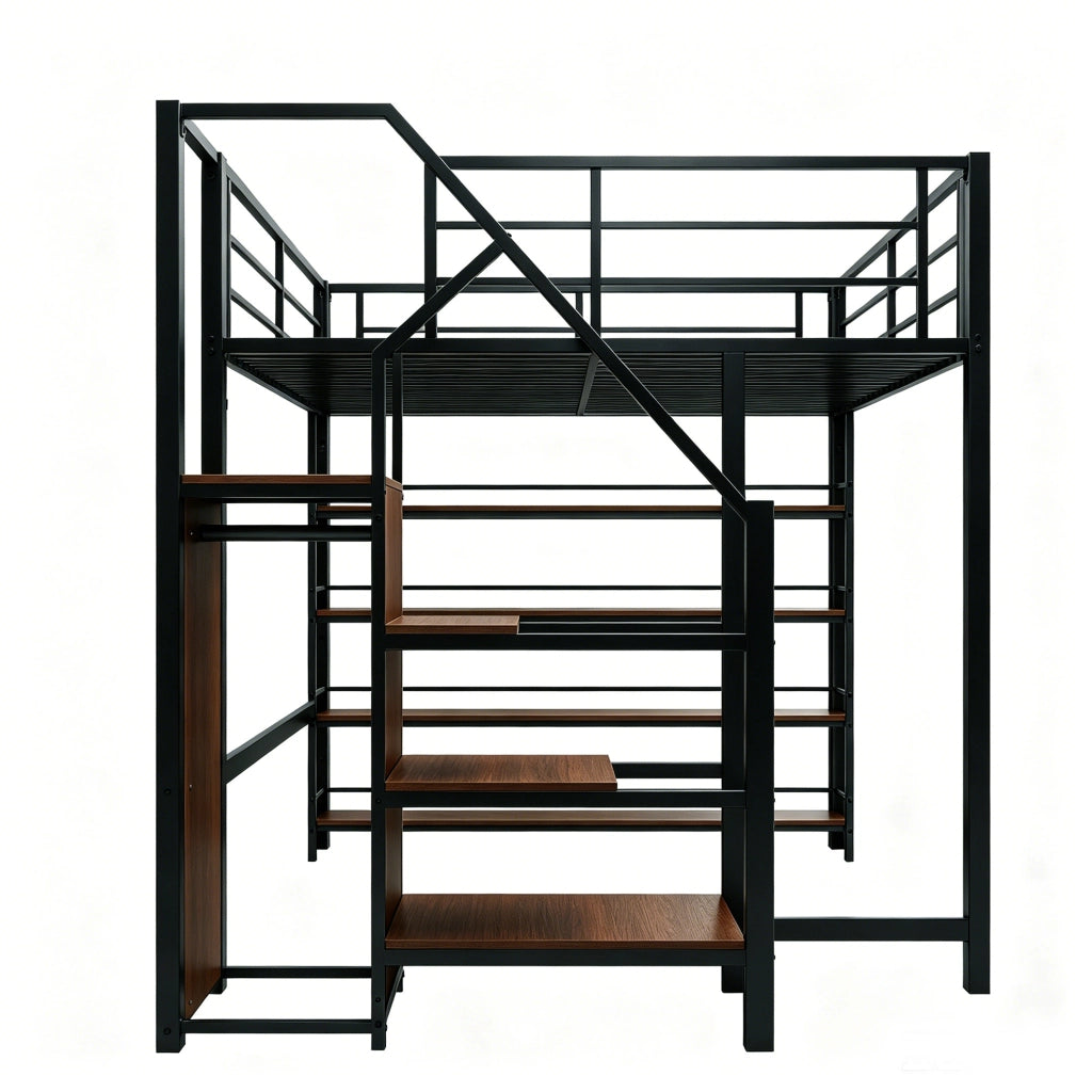 Hochbett 140x200 in metallo con scala contenitore, armadietto e mensole, nero