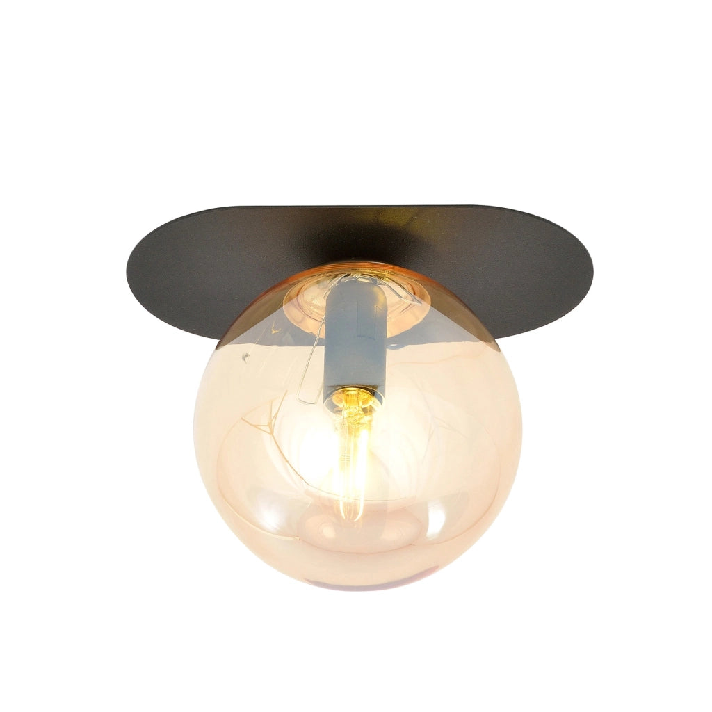Plafoniera Minimal 1 Luce Teia In Acciaio Nero E Sfera Vetro Ambra
