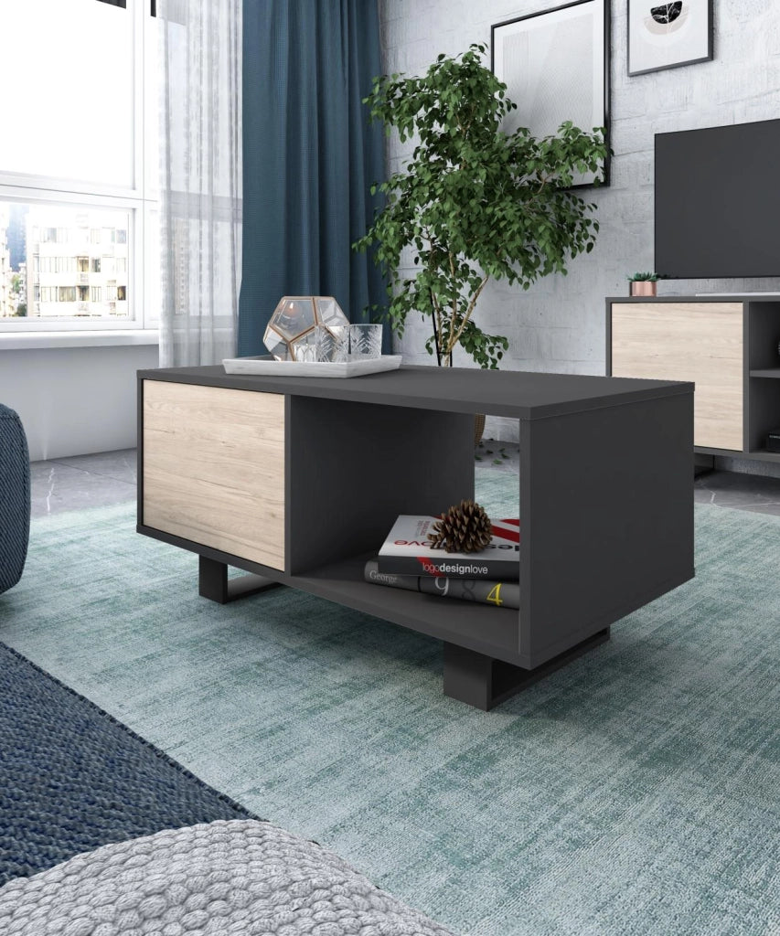 Mobile per Soggiorno e Sala da Pranzo composto da 1 Mobile TV100 e 1 Tavolino colore Grigio e colore Rovere con Gambe Nere RF1122