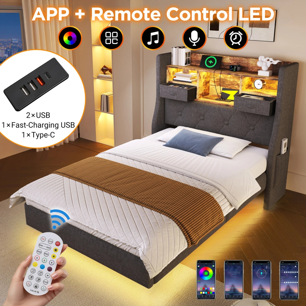OKWISH Letto contenitore 140×190 cm, Letto Matrimoniale con LED Regolabile, USB, Type-C e Testiera con Contenitore, senza Materasso, Lino, Grigio