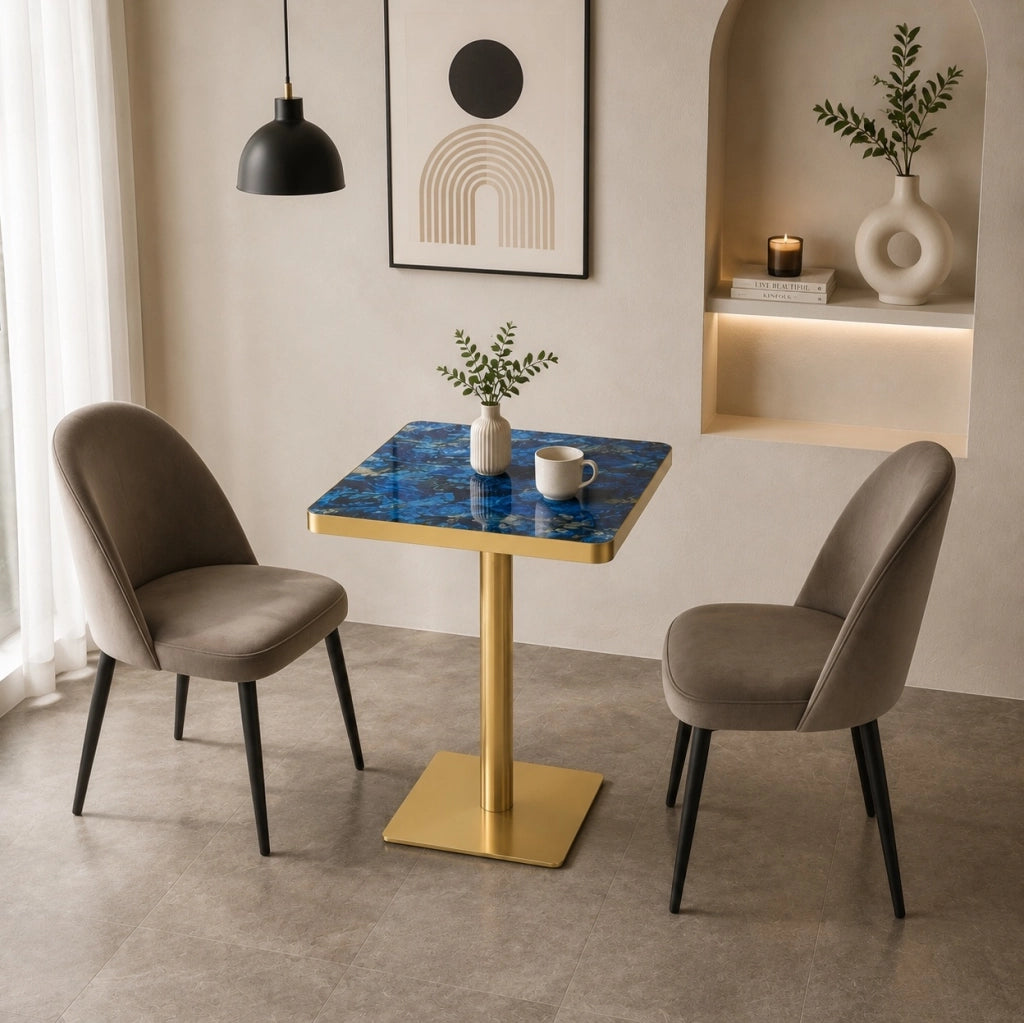 Tavolo quadrato da pranzo 60x60 cm effetto marmo; struttura in metallo; blu