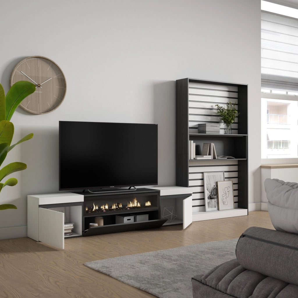 Mobile TV, Soggiorno, 310x35x186cm, Per TV fino a 80", Camino elettrico, Bianco e nero RF2851