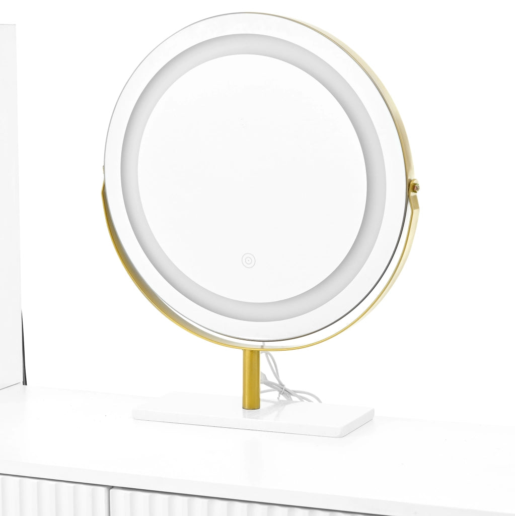 Toeletta bianca con specchio LED, 4 cassetti e vetrina