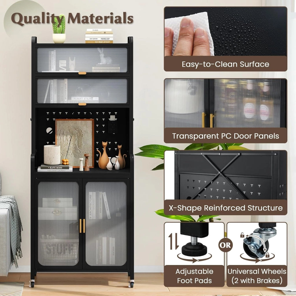 Credenza da cucina a 6 livelli, armadio a buffet con pannello di perforazione, ante apribili e ripiano regolabile, mobile in metallo con 4 ruote estraibili