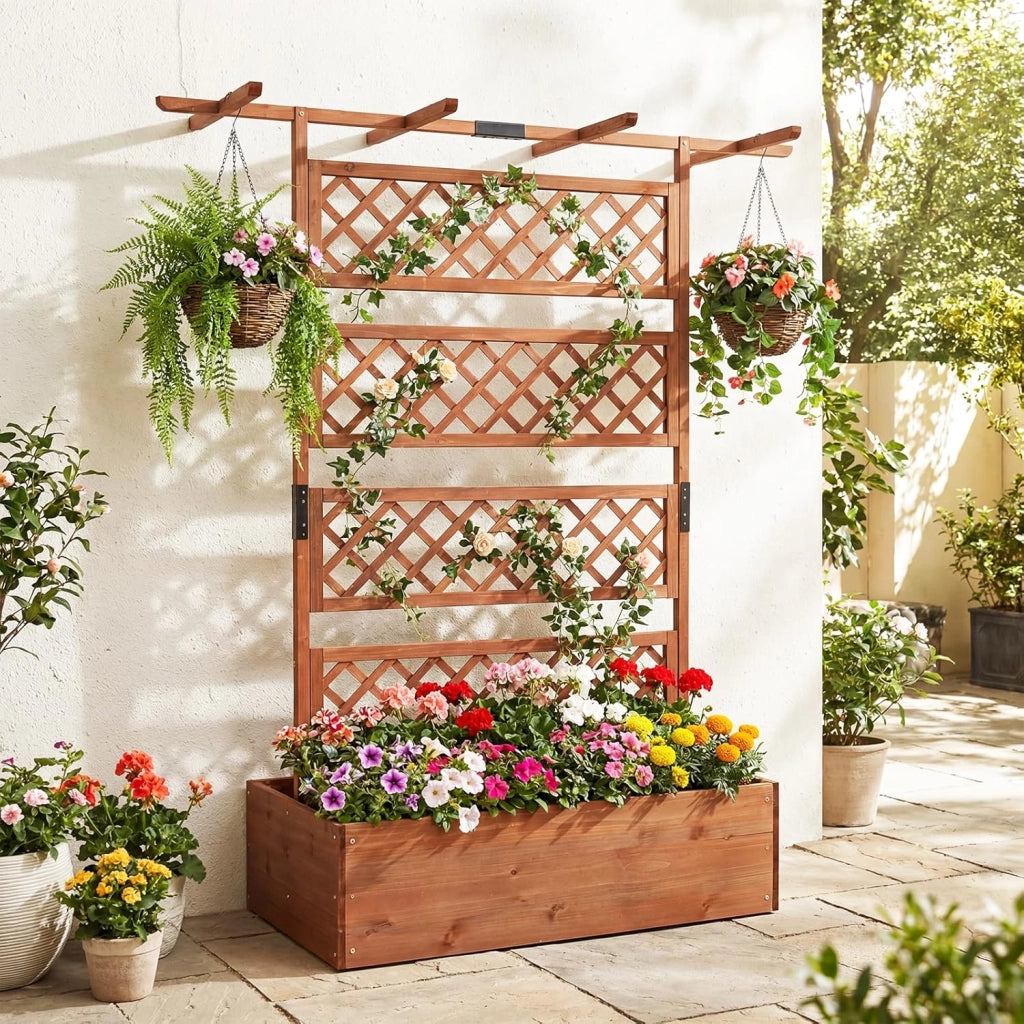 Letto da Giardino con Traliccio, Fioriera Rialzata in Legno con Spalliera, Fori di Drenaggio e Fondo Rimovibile, Aiuola Elevata con Griglia per Piante Rampicanti e Verdure