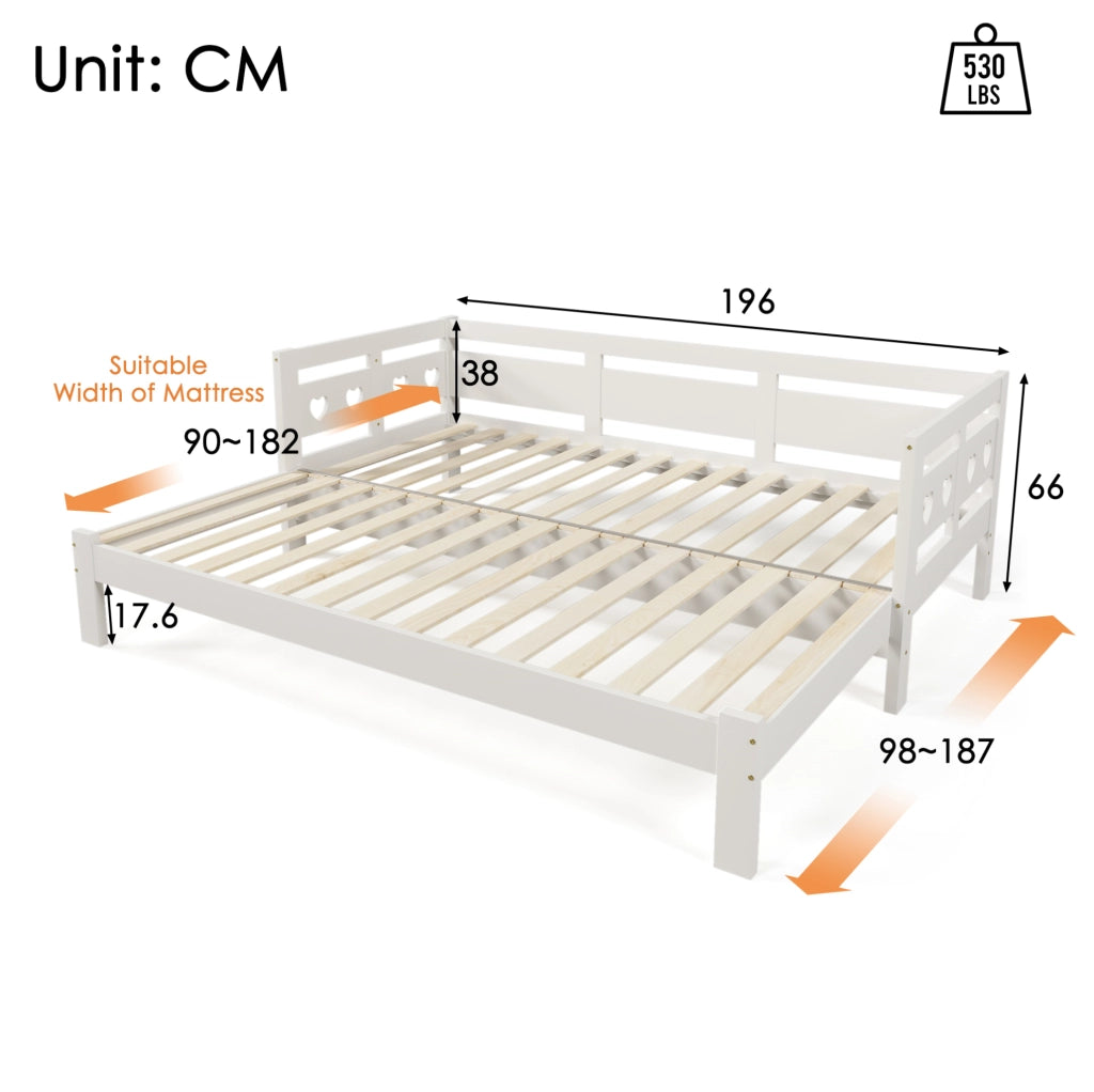 Divano letto daybed a cuore estendibile 90x190 cm in legno bianco