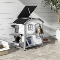 Casetta per Gatti a 2 Piani, Resistente alle Intemperie, 78.1 cm x 55.2 cm x 90.8 cm, Bianco e Grigio
