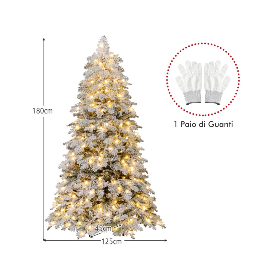 Albero di natale pieghevole con 130 palline luci led e 616 punte di ramo, Albero di natale artificiale innevato da 180 cm Bianco