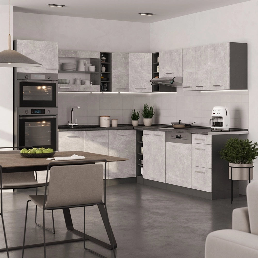 Cucina angolare completa R-Line Calcestruzzo/Antracite 247 x 237 cm, PL Rovere Vicco