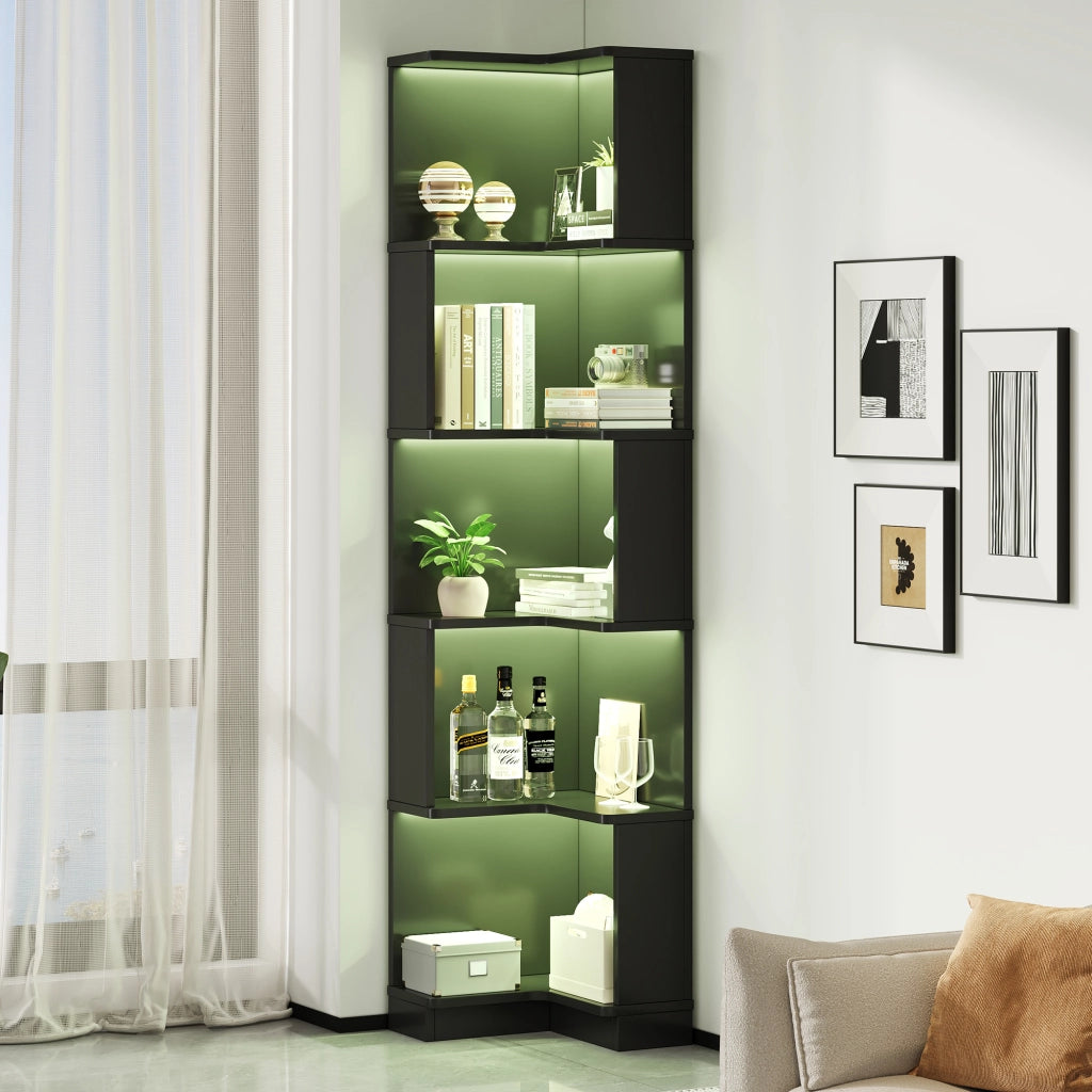 Libreria angolare con LED controllabile via app, 5 ripiani, per studio e ufficio, in MDF, nero, 63,5 × 45 × 175 cm