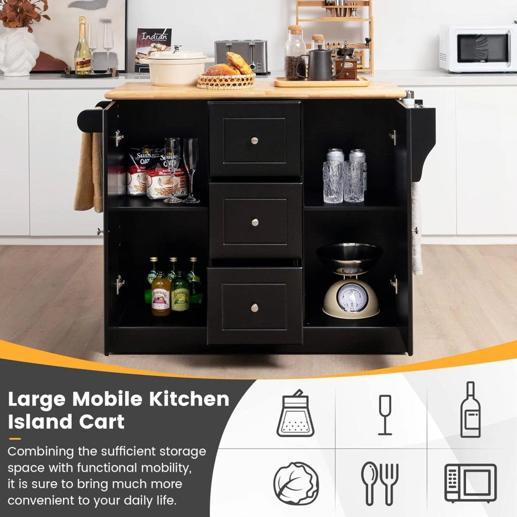Carrello da Cucina con 3 Cassetti e 2 Armadi, Isola da Cucina Mobile con 5 Ruote Nascoste, Credenza Carrello da Portata con Portasciugamani e Portaspezie,126x45x91,5 cm (Nero)