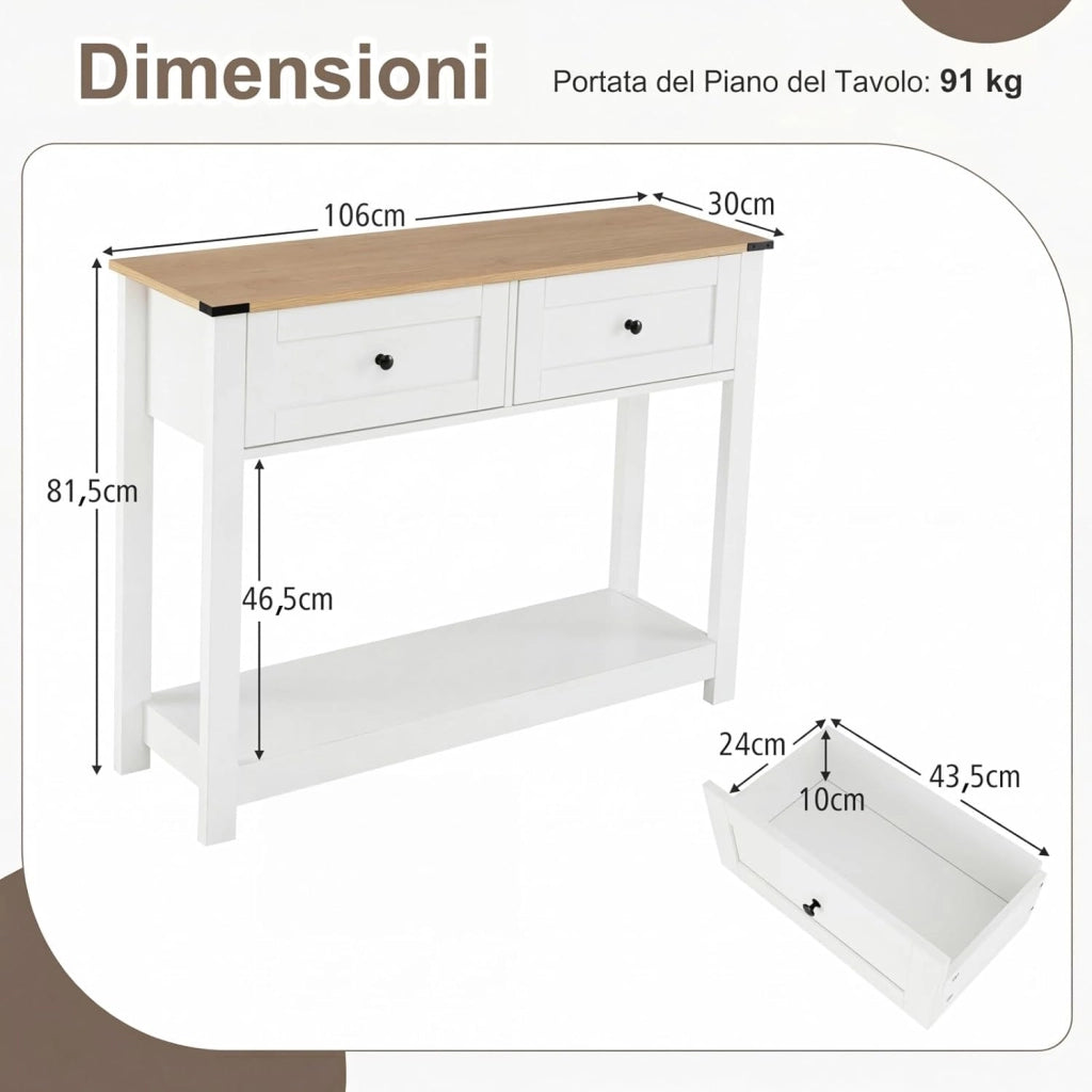 Tavolo Consolle Bianco 106 x 30 x 81,5 cm, Consolle Ingresso con 2 Cassetti e Ripiano Aperto, Tavolino Slim Salvaspazio Moderno per Soggiorno, Corridoio e Camera da Letto