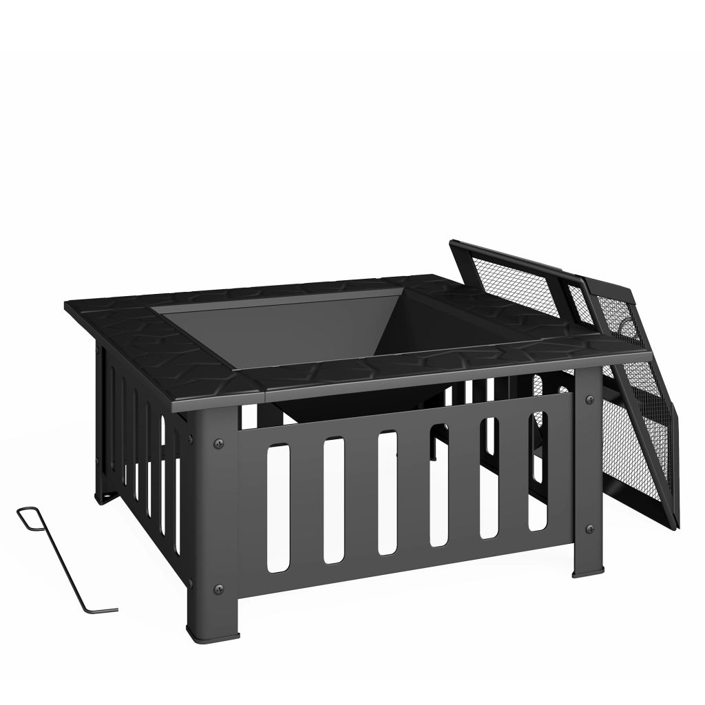 Braciere Quadrato da Giardino ¨C Xylo ¨C Acciaio Nero 67x67x47 cm con Attizzatoio e Coperchio