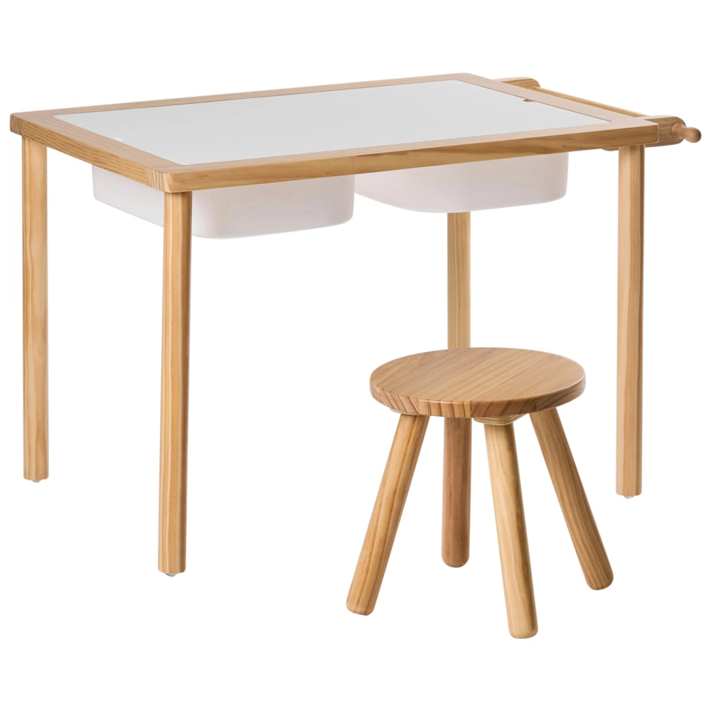 Set tavolo + sgabello Montessori per bambini in legno di pino marrone chiaro per cameretta bambini con funzione di disegno Aggiungi carta Scandi