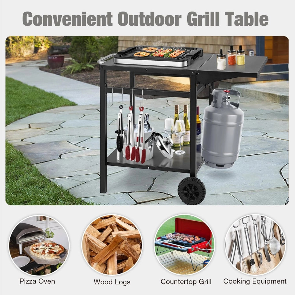 Carrello Cucina con Laminati Pieghevoli, 4 Ganci Extra e 2 Ruote, Scaffale Cucina in Metallo per Grigliate, Carrello per Barbecue, Carrello di Servizio per Giardino, 96,5 x 64 x 75,5 cm