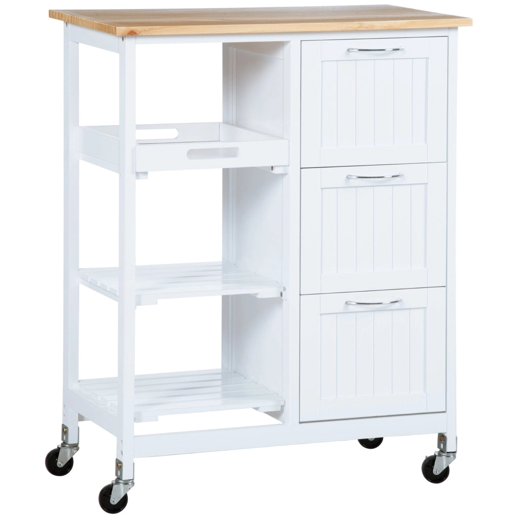 Carrello da cucina con 3 cassetti; 2 ripiani e vassoio estraibile con ruote e freni per cucina; 67×37×84 cm