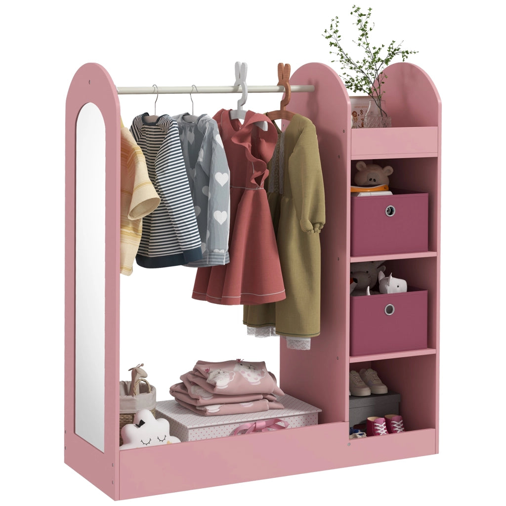 Appendiabiti per Bambini con Ripiani, Scatole e Specchio in Legno, Rosa