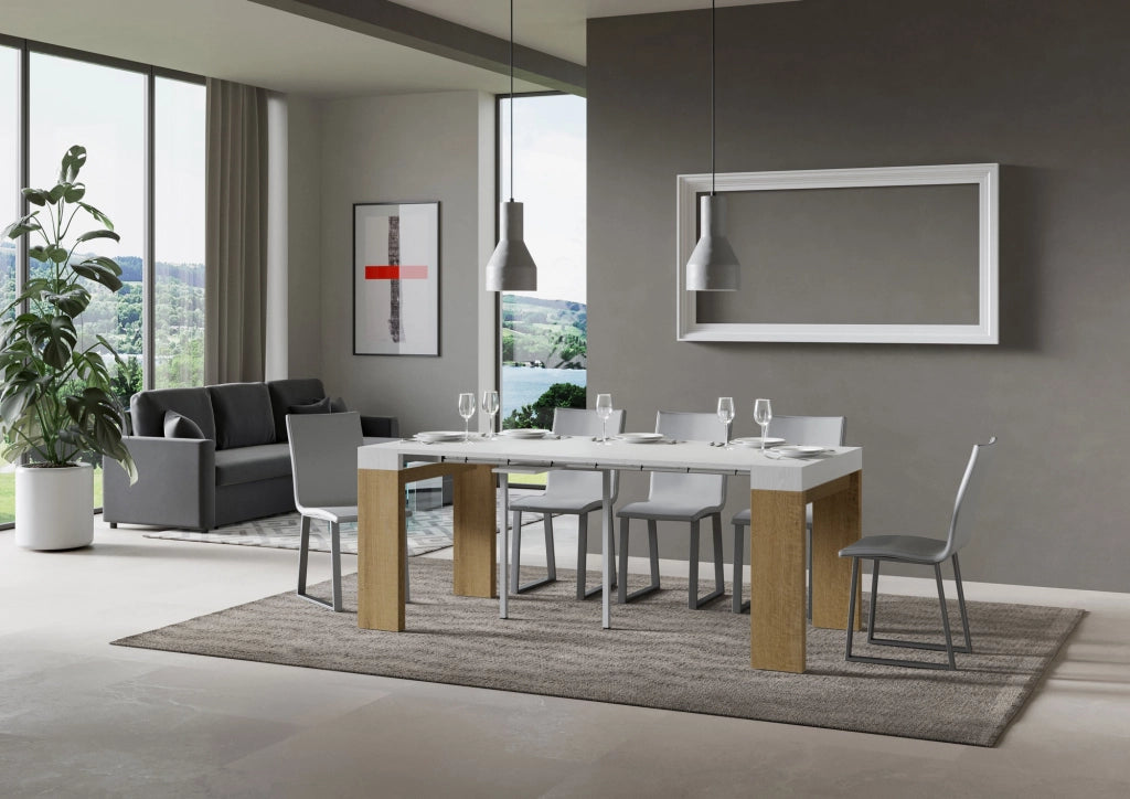 Consolle allungabile 90x40/300 cm Roxel Mix piano Bianco Frassino - struttura Quercia Natura