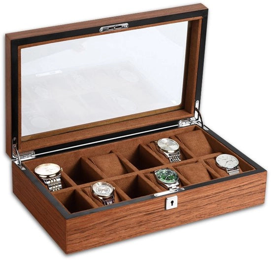 Cassa Orologio Premium con 12 Supporti Rimosibili, con Coperchio in Vetro, Display per Orlogi, Organizzatore di Cassetta per Orlogi, Cassetta per Orlogi con 12 Supporti Rimosibili