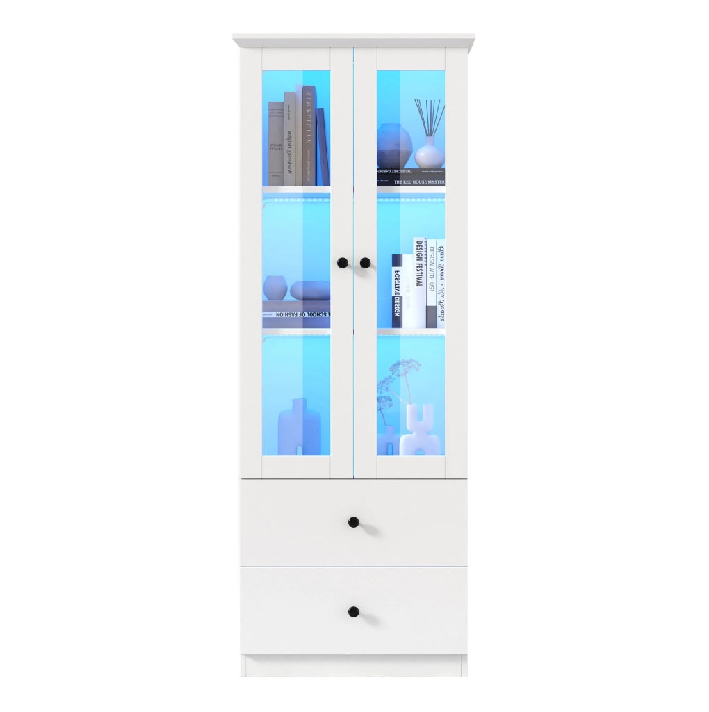 Vetrina moderna LED bianca opaca 165 cm con 2 cassetti; ripiani regolabili e ante in vetro