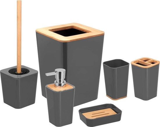 Set da bagno 6 pezzi, con spazzola WC, dispenser sapone, ciotola per cosmetici, contenitore sapone, holder spazzola, bicchiere, grigio