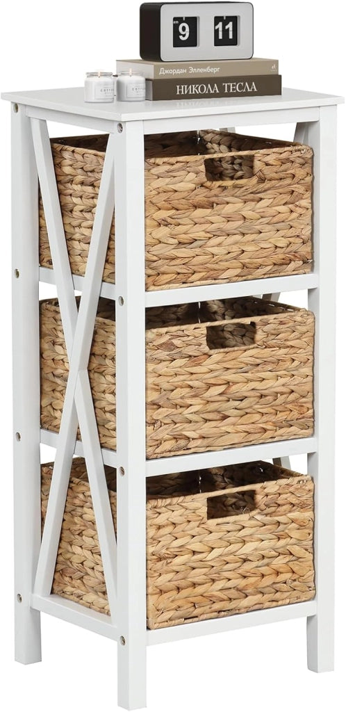 Mobiletto Contenitore a 3/4 Piani con 2/3 Cesti, Comodino a X con Gambe in Legno di Acacia, Ideale per Soggiorno Camera da Letto(3 cassetti,2)
