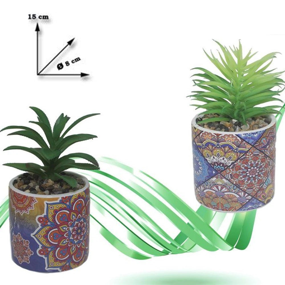 Trade Shop - Vaso In Ceramica Con Piantina Artificiale 15 Cm Pianta Idea Regalo Bomboniera -