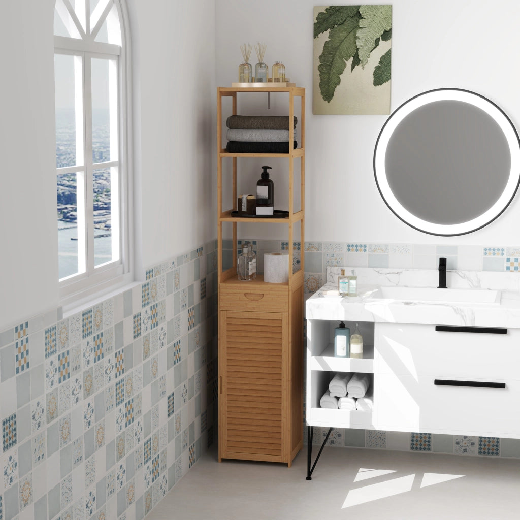 Mobile da Bagno ¨C Zephmum ¨C Bamb¨´, 3 Ripiani, Cassetto, 32x30x163 cm