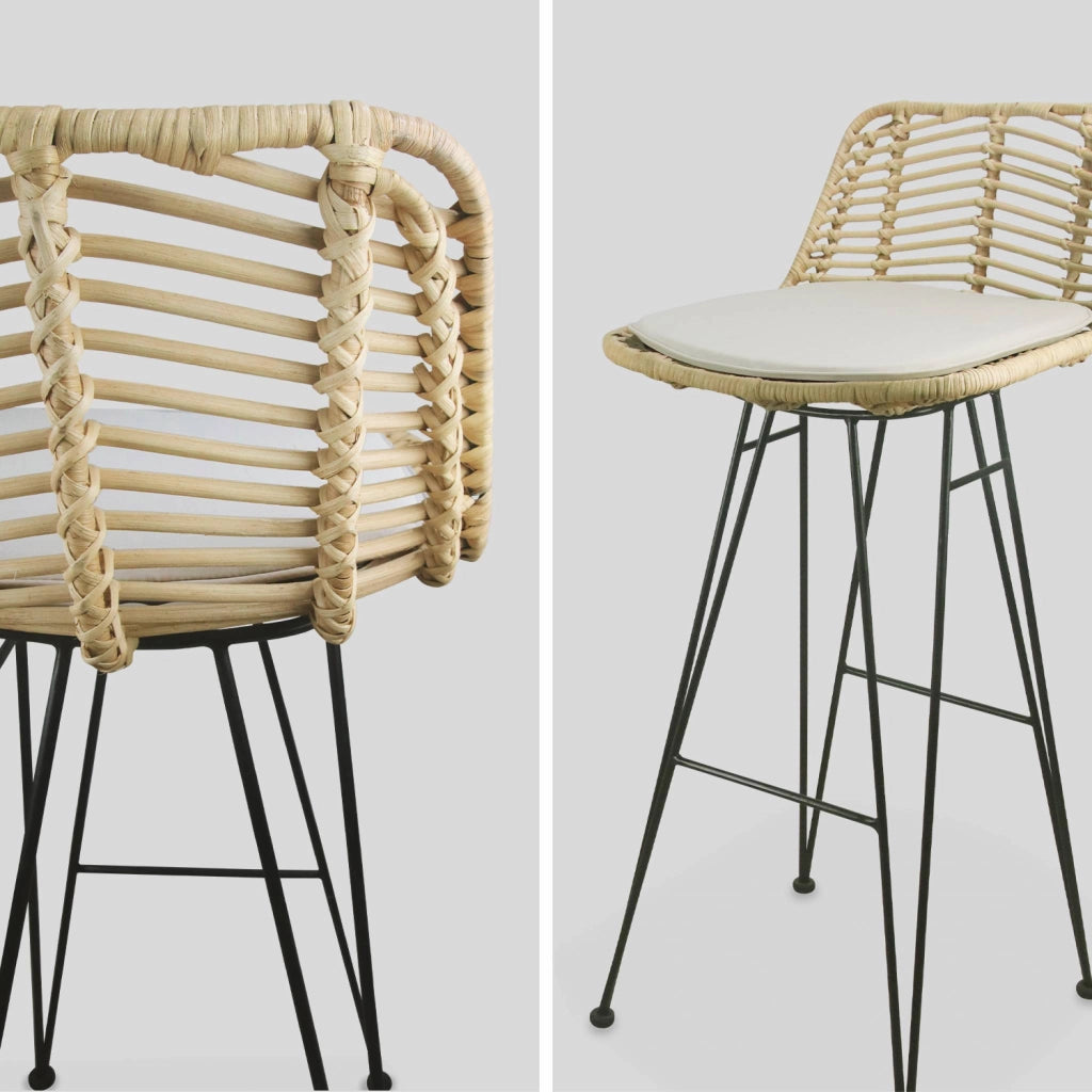 Set di 2 sgabelli da bar in metallo e rattan, beige