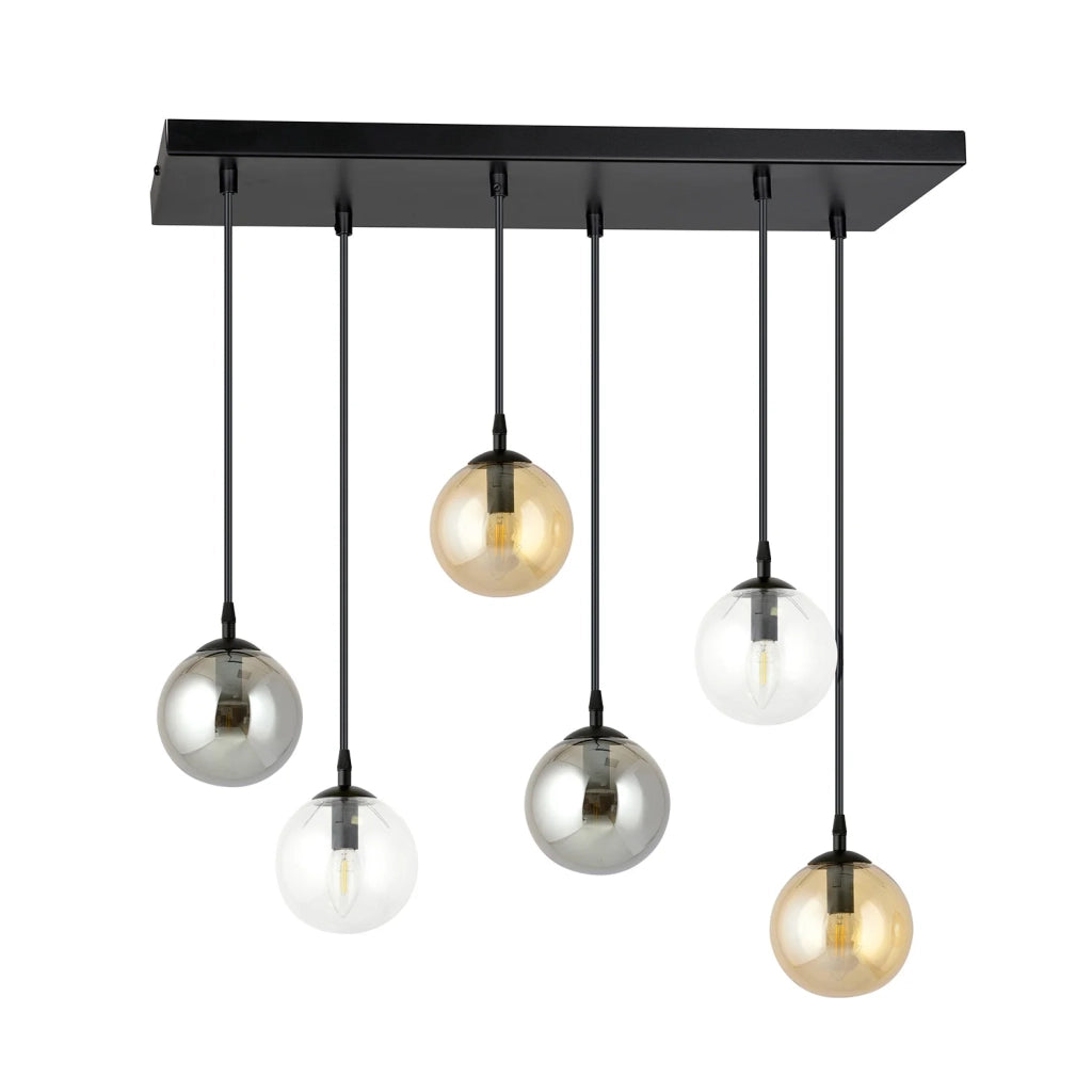 Sospensione Moderna 6 Luci Kali In Acciaio Nero E Sfere In Vetro Multicolor