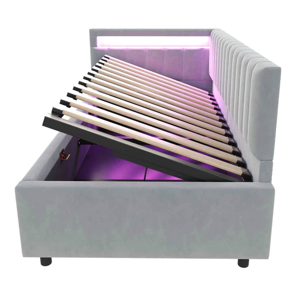 Divano letto 90x200 cm con LED e vano contenitore idraulico; in velluto grigio (Senza materasso)