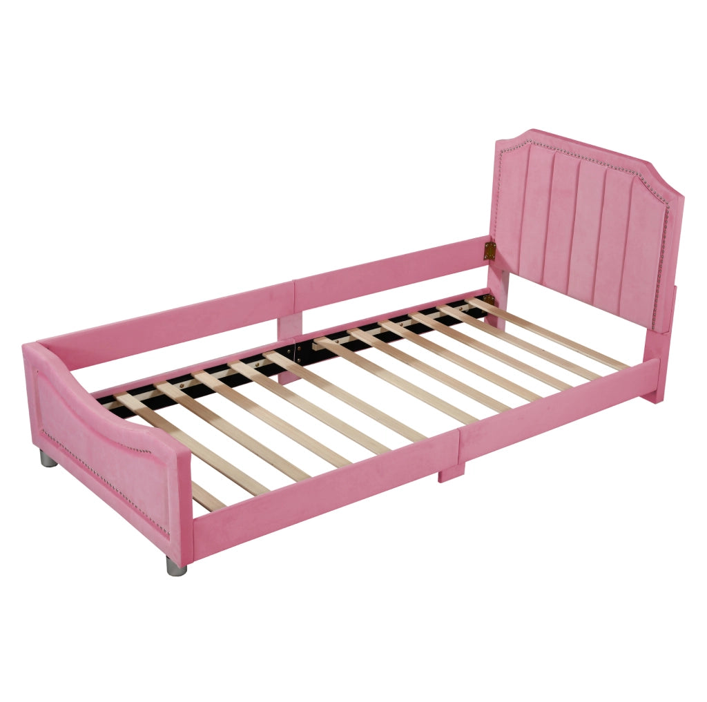 Letto imbottito per bambini 90x200 cm con testiera e pediera; flanella rosa