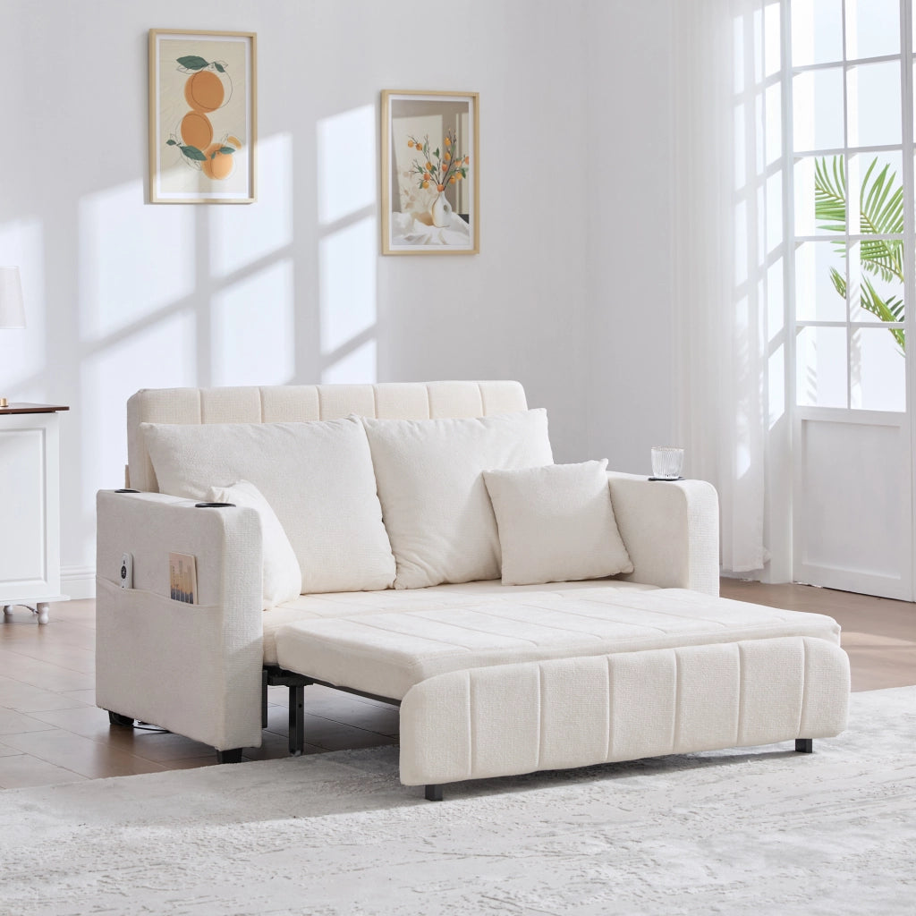 Divano letto pieghevole con tasche laterali e 4 cuscini in chenille beige
