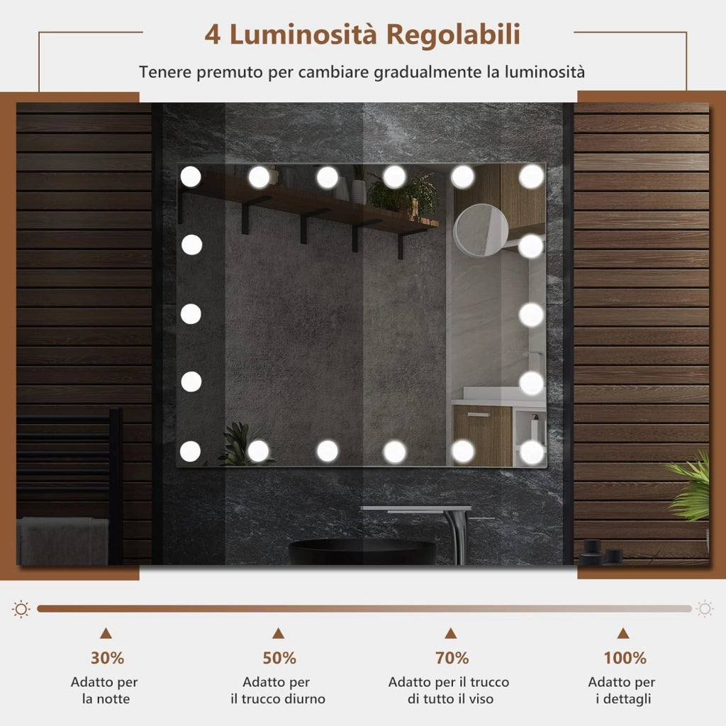 Specchio Trucco con 18 Luci, Specchio Rettangolare per Bagno con Interruttore a Sfioramento, Luce LED a 3 Colori, Luminosità Regolabile, 65 x 52,5 cm