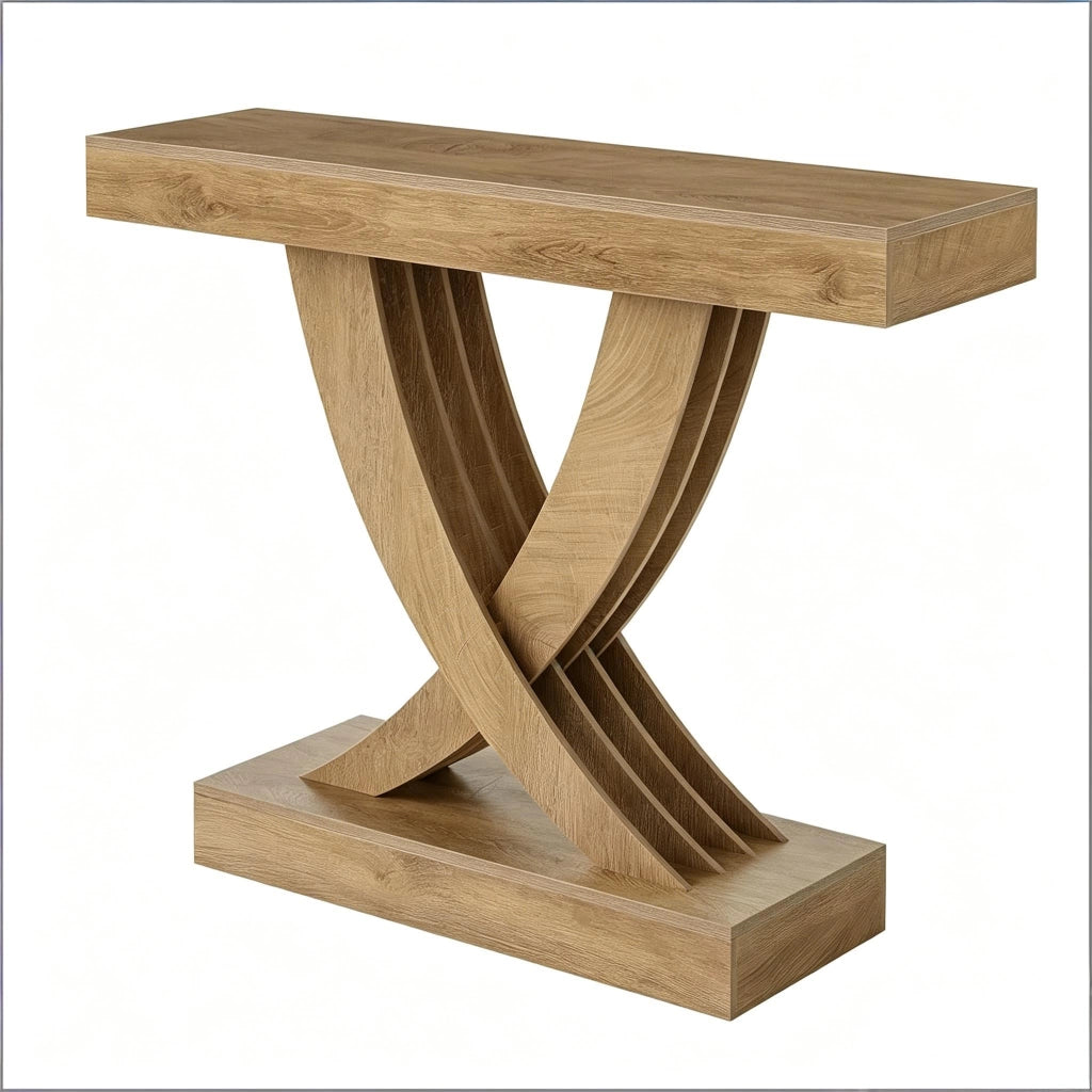 Consolle con struttura a X in MDF stile rustico per ingresso e soggiorno marrone con piano ampio e base stabile