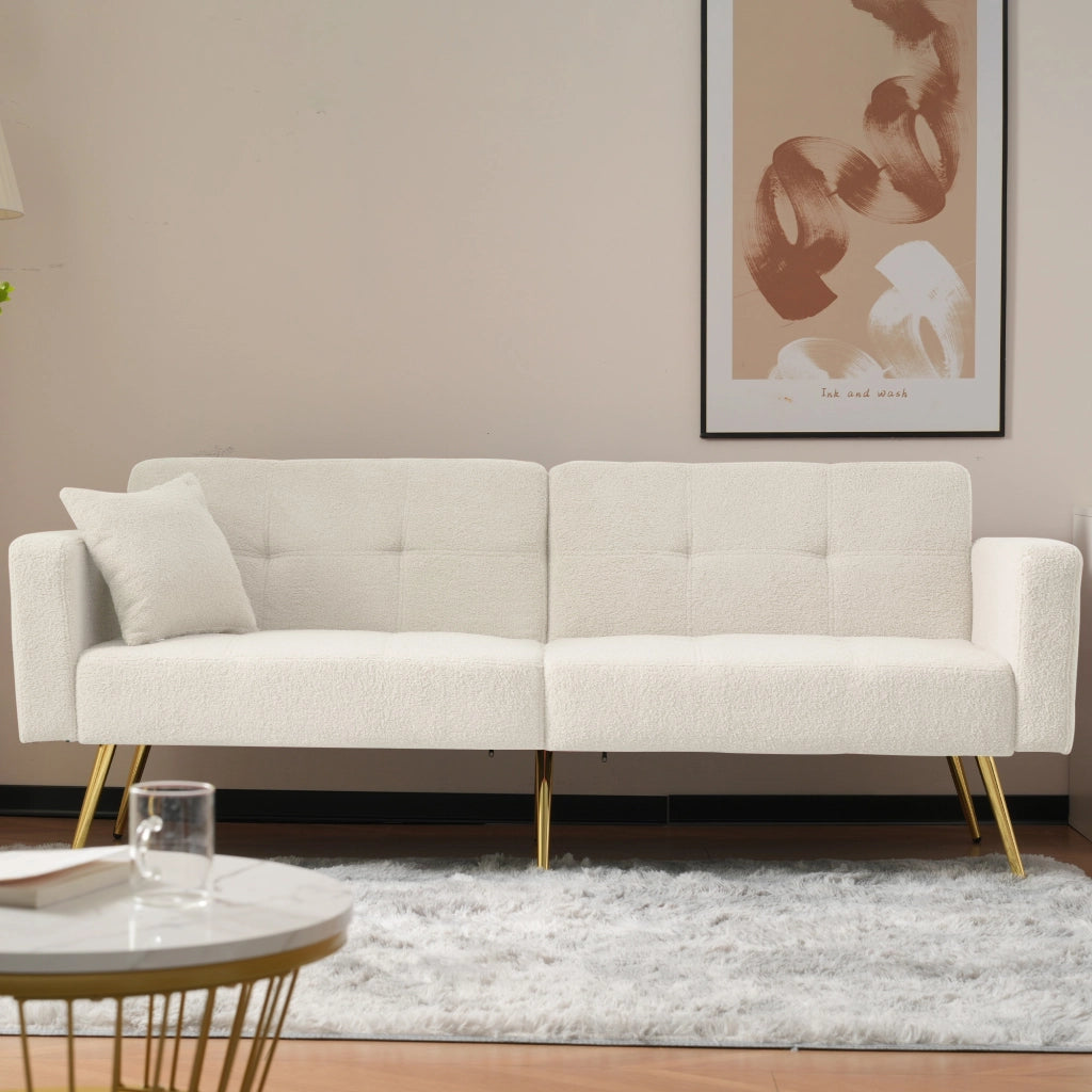 Divano Letto 2 Posti Schienale Regolabile 105-180° con Cuscini e Tasche Laterali Struttura in Legno in Tessuto Bianco
