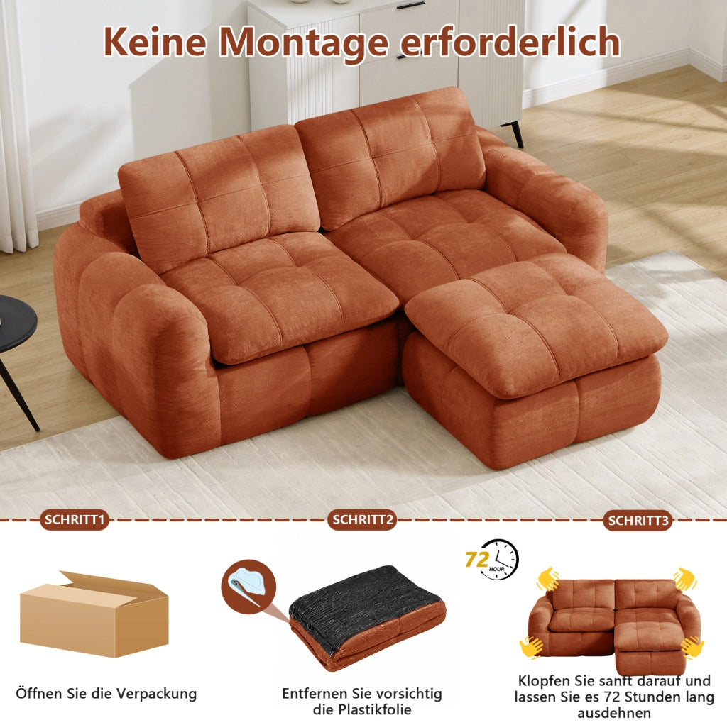 Divano modulare angolare 2 posti con pouf 194x160x68 cm in chenille arancione