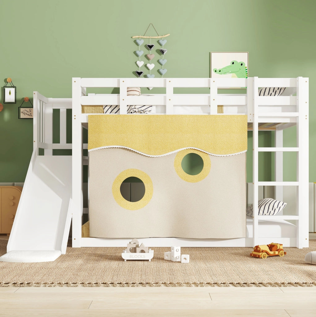 Letto a castello 90x200 cm con scivolo; scala e tendine in MDF e legno bianco