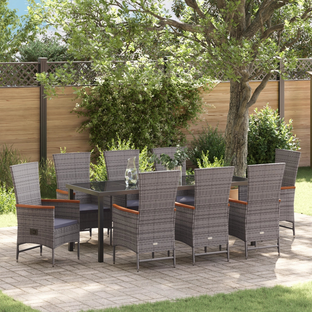 Set da Pranzo da Giardino 9 Posti con Cuscini Grigio Rattan Poliestere