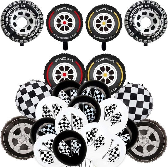 Decorazioni per Feste di Corsa - Auto a Ruote Decorazioni per Feste di Corsa con Nastro e Fogli di Alluminio Zwart-Wit - Bandiera Decorativa per Feste di Corsa - 10 pezzi