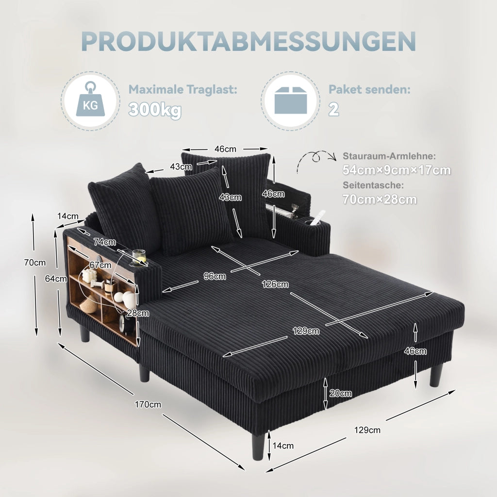 Chaise longue con portabicchieri, luci LED, tasca laterale, vano contenitore e porta USB in velluto a coste nero