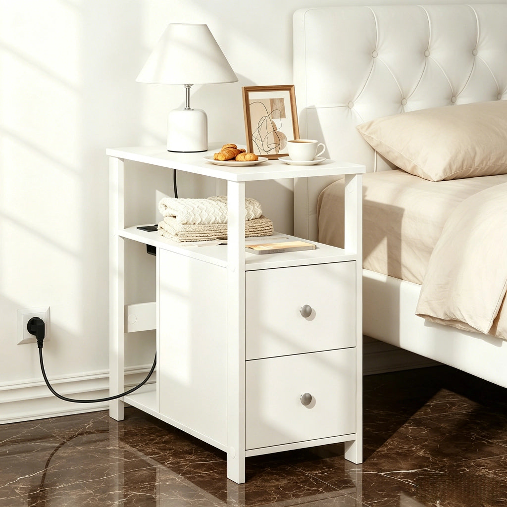 Tavolino 60x60x30 cm con 2 prese AC e 2 porte USB in legno bianco