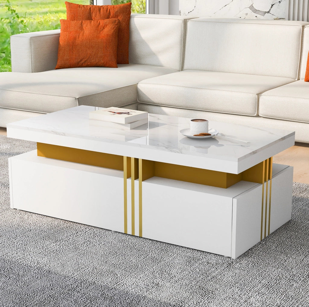 Tavolino da caffè bianco 100x50x40 cm con 2 cassetti e piano marmorizzato