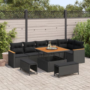 Set da giardino  in 9 pezzi con cuscini neri in polirattan e acacia