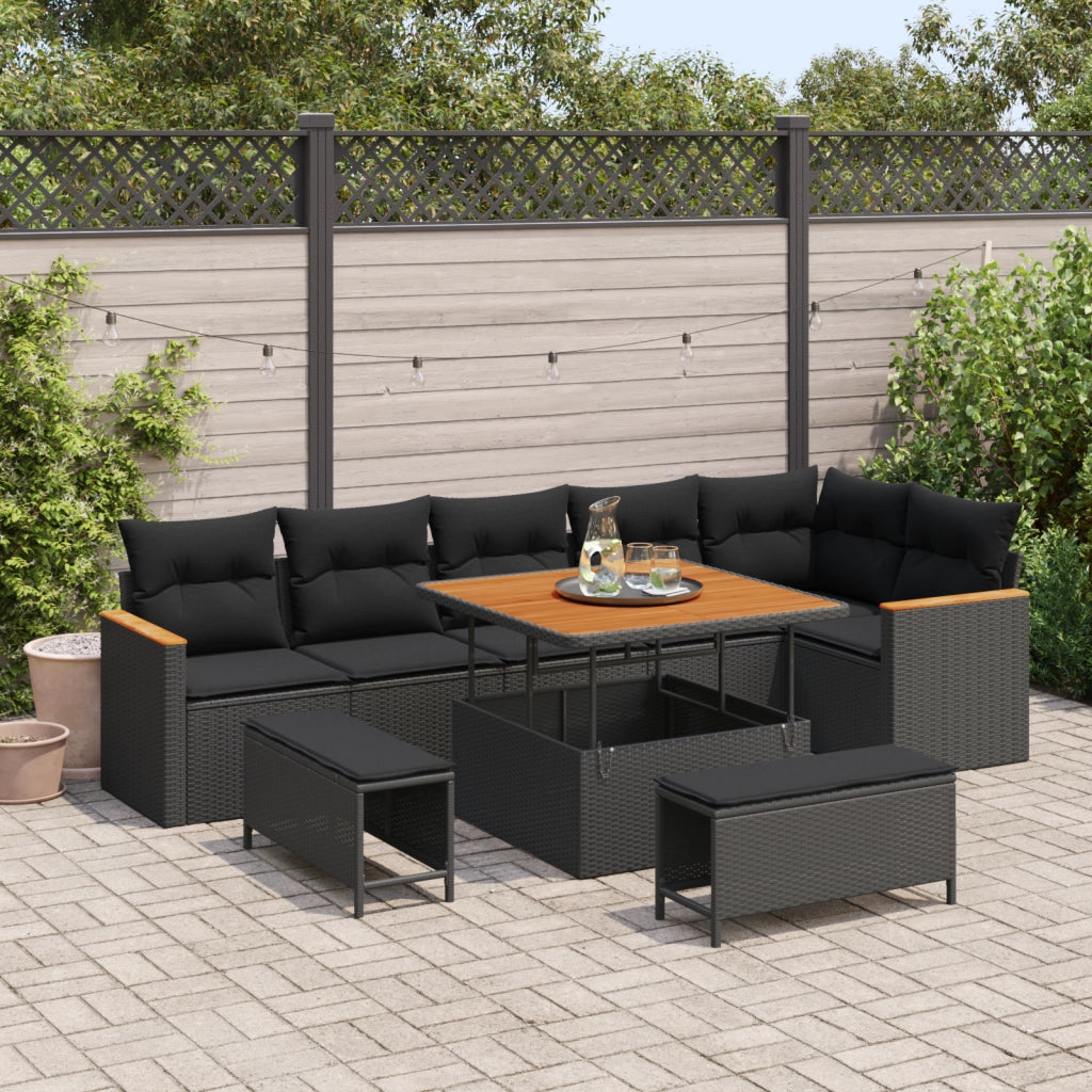 Set da giardino  in 9 pezzi con cuscini neri in polirattan e acacia
